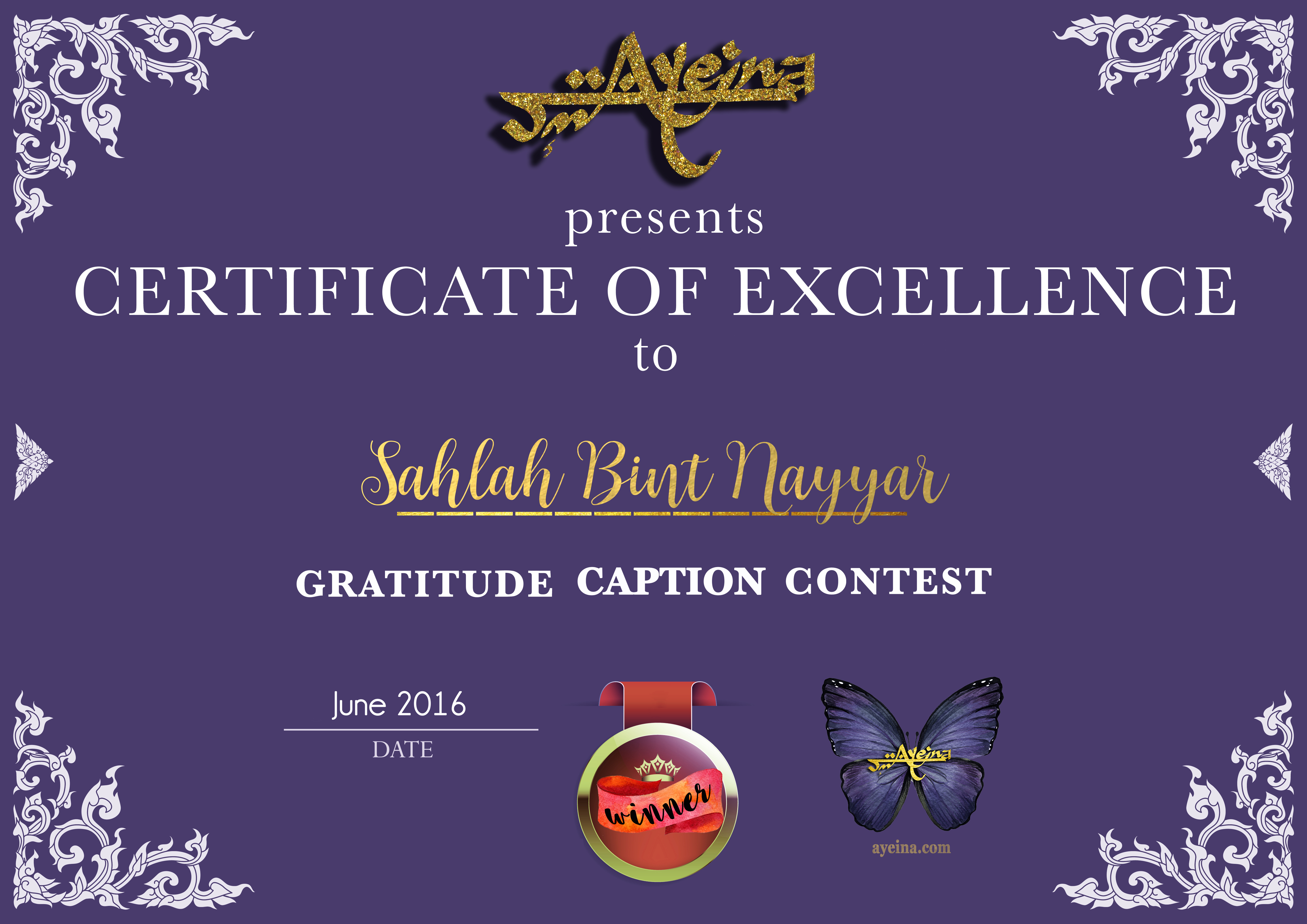 purple certificate gold ayeina butterfly logo winner #AlhamdulillahForSeries