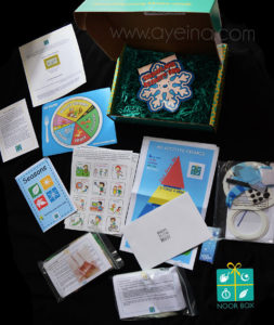 crowdfunded islamic project, subscription box for muslim kids, muslim homeschooling, muslim homeschooler, product photography of a box, box green logo, islamic pattern product, science for muslim children, halal edutainment for kids, islam for young minds
