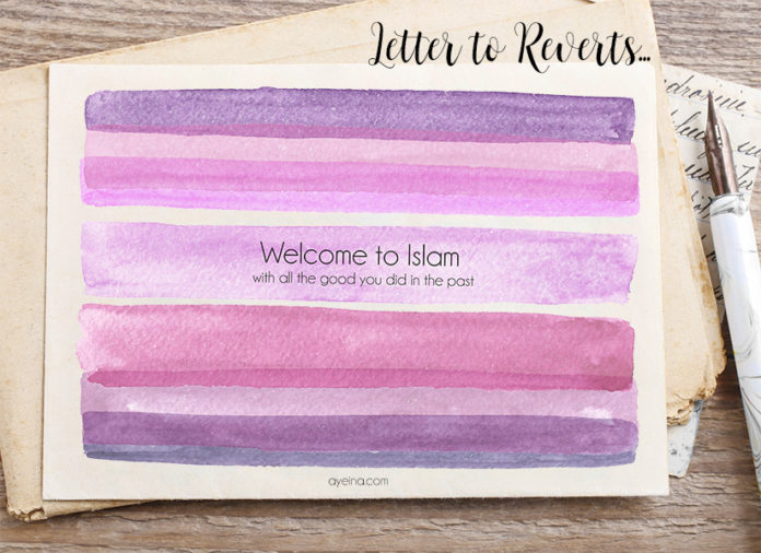 welcome to islam with all the good you did in the past free card printable watercolour purple pink gradients