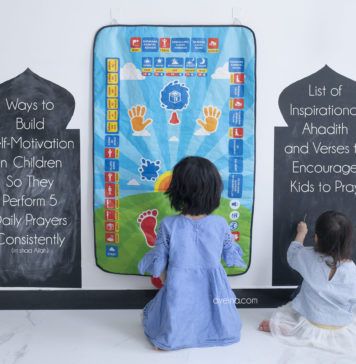 How to Help kids Love Salah (List of Motivational Verses and Ahadith on Prayer) kids interacting with my salah mat chalkboard minaret prayer corner praying area room