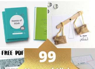 How to Teach Kids Asma ul Husna (Names of Allah) + FREE Printables 99 names of Allah free resources for kids, saalim al azhari series at home, islamic crafts, free pdf, printable cards, coloring sheet for muslims, animation, video. zaky