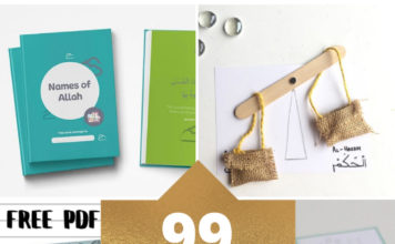 How to Teach Kids Asma ul Husna (Names of Allah) + FREE Printables 99 names of Allah free resources for kids, saalim al azhari series at home, islamic crafts, free pdf, printable cards, coloring sheet for muslims, animation, video. zaky