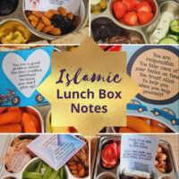 islamic lunch box notes in healthy food for Muslim kids in stainless steel container with compartments